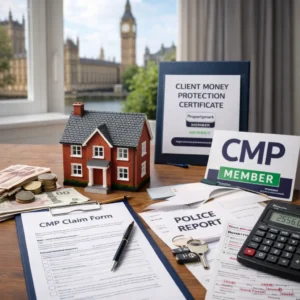 CMP claim form and Client Money Protection certificate with house model, Big Ben view, and calculator