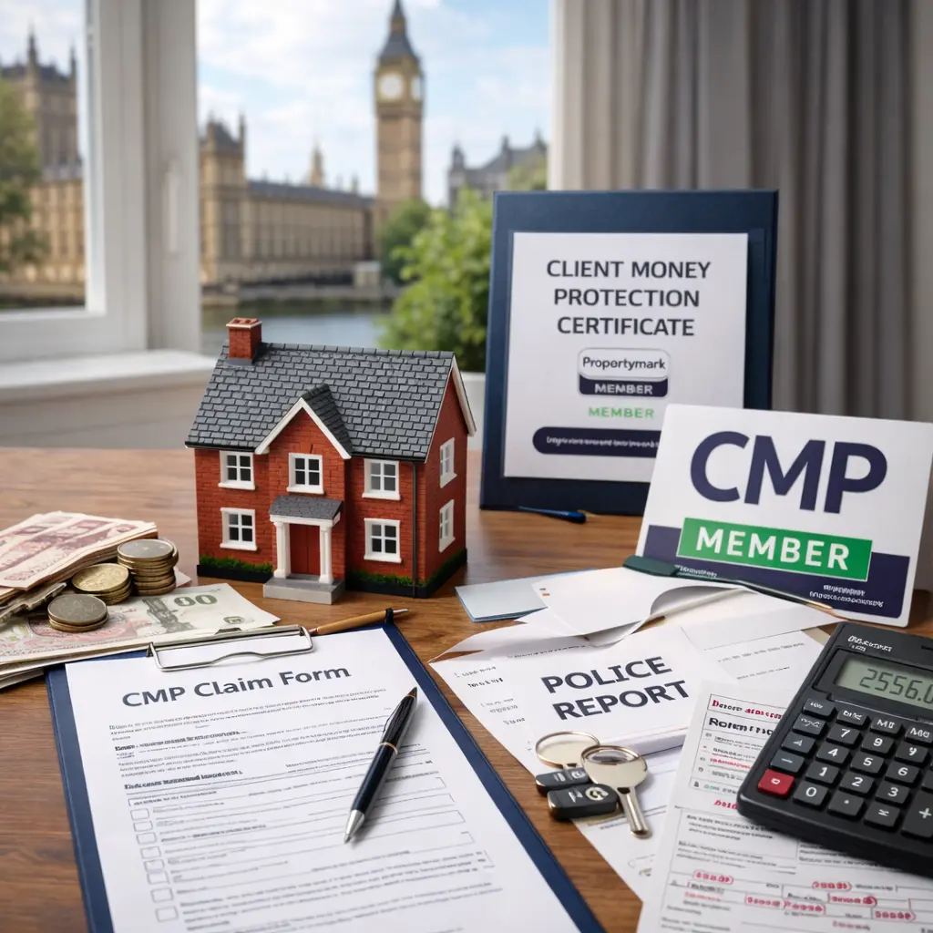 CMP claim form and Client Money Protection certificate with house model, Big Ben view, and calculator