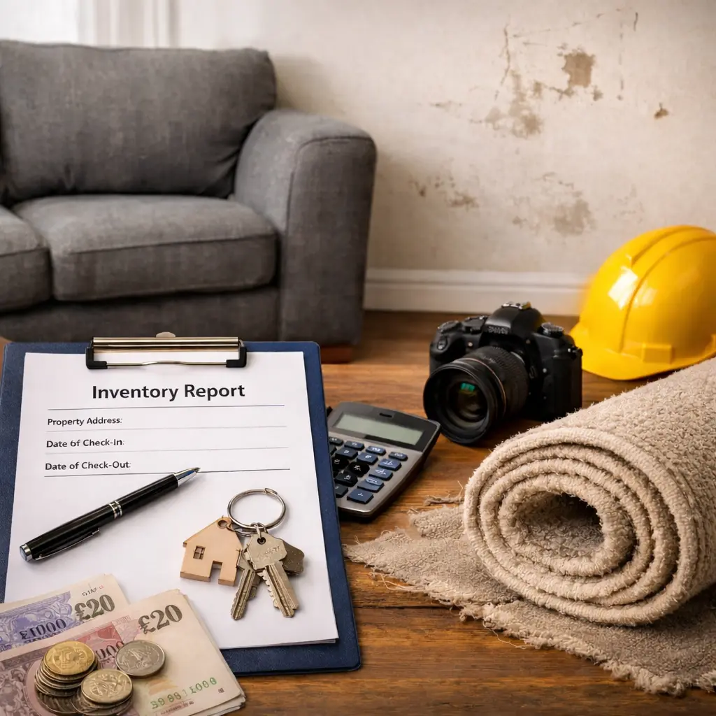Inventory report on clipboard with house keys, cash, camera, rolled carpet, and hard hat on wooden table