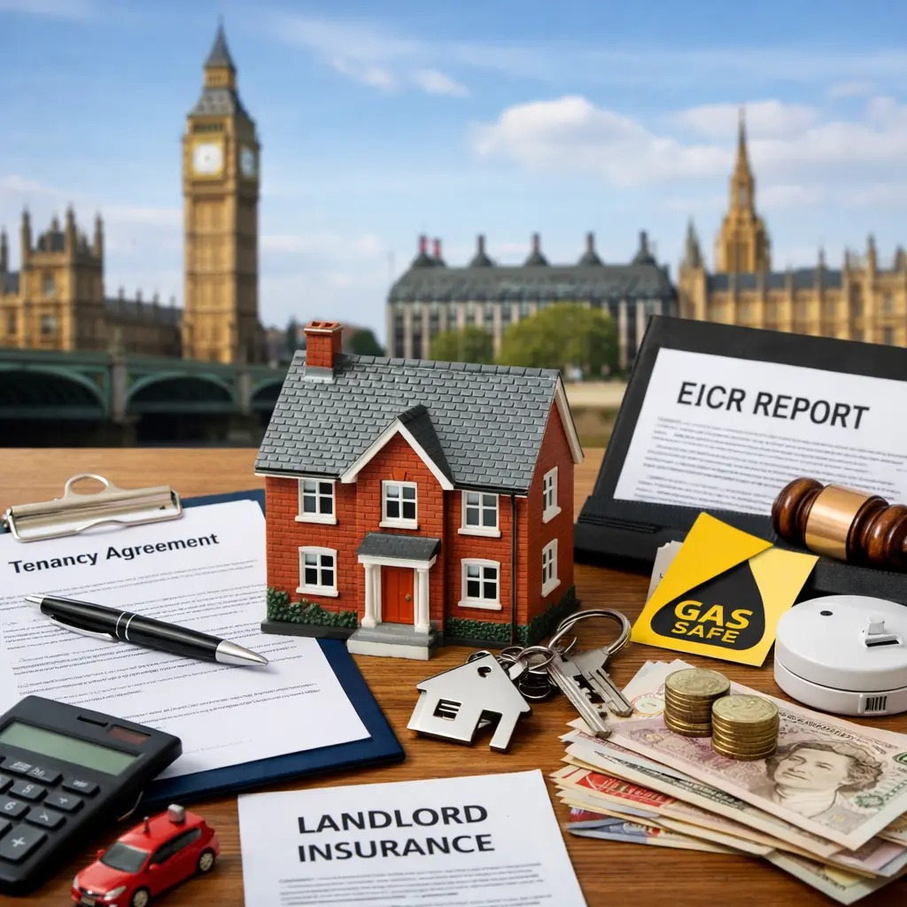 Landlord responsibilities desk scene with tenancy agreement, EICR report, Gas Safe card, and Big Ben backdrop