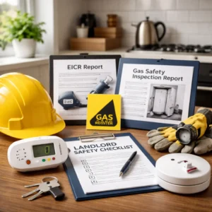 Landlord safety checklist with EICR report, Gas Safe card, smoke alarm, hard hat, and gloves on table