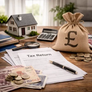 Tax return documents with pound money bag, calculator, house model, coins, and banknotes on wooden desk