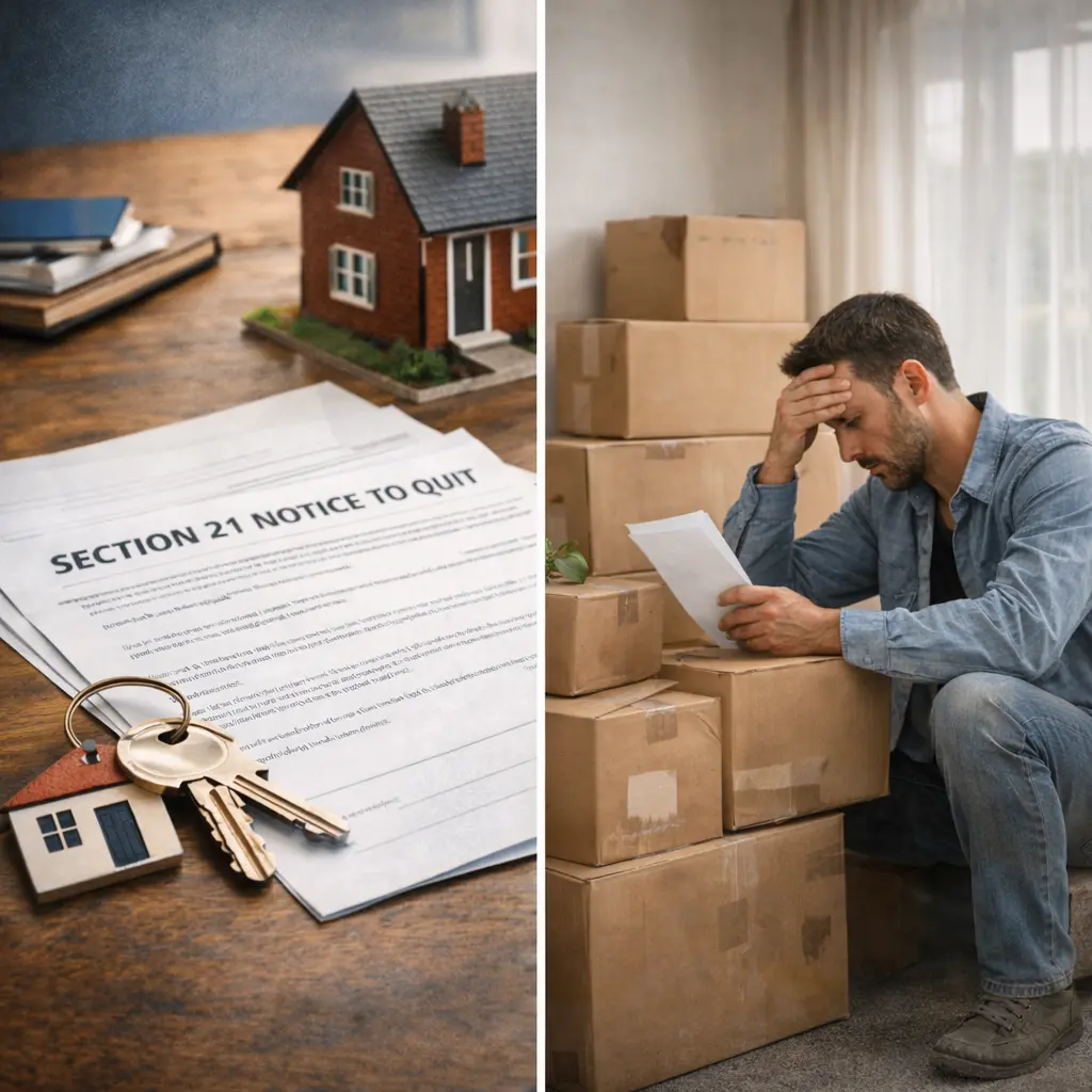 Section 21 Notice to Quit document beside distressed man sitting among packed moving boxes