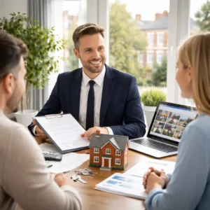 letting agent presenting clipboard to couple at desk with house model, keys, and laptop